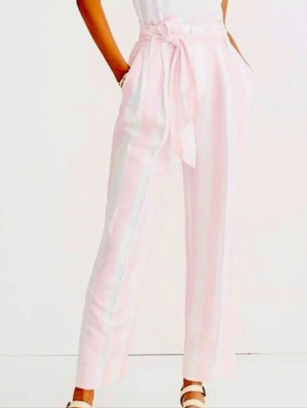 Madewell Linen Blend Pink and White striped paperbag pants  4 Euro Summer Style